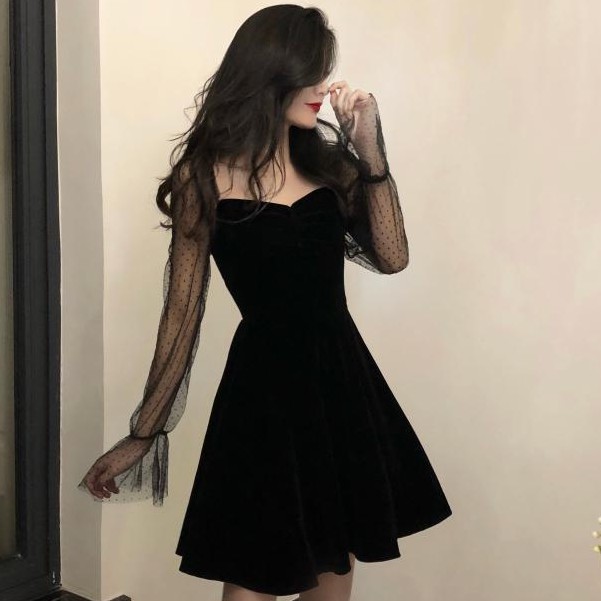 Korean style square neck long sleeve A-line dress for women