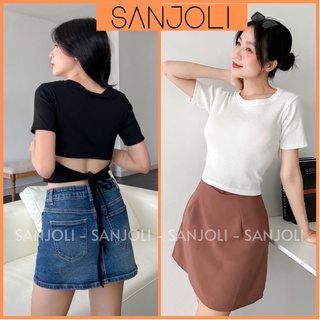 Áo Croptop Nữ SANJOLI Áo Crt Kiểu Cut Out Ôm Body Cột Dây Eo Hở Lưng Màu Trắng Phong Cách Ulzzang Đẹp AO064