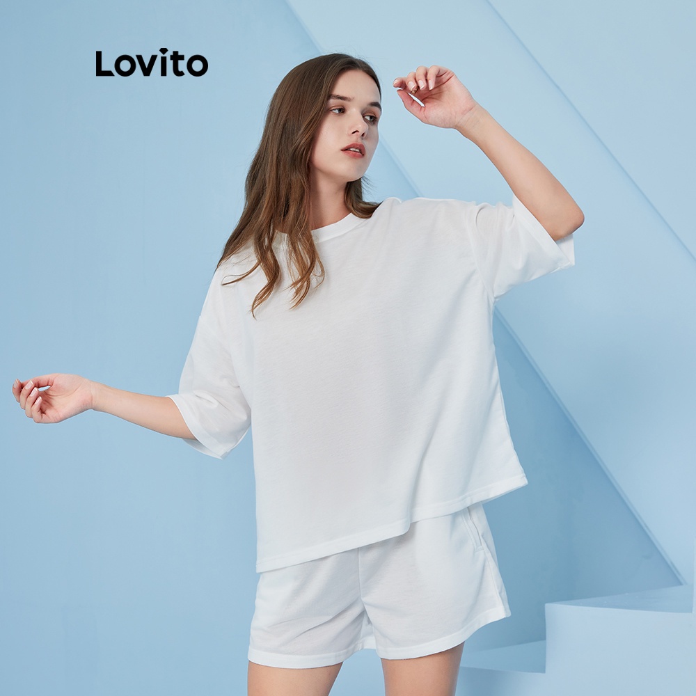 Bộ đồ Lovito màu trơn dáng rộng phong cách cơ bản đơn giản L04094 (màu trắng)