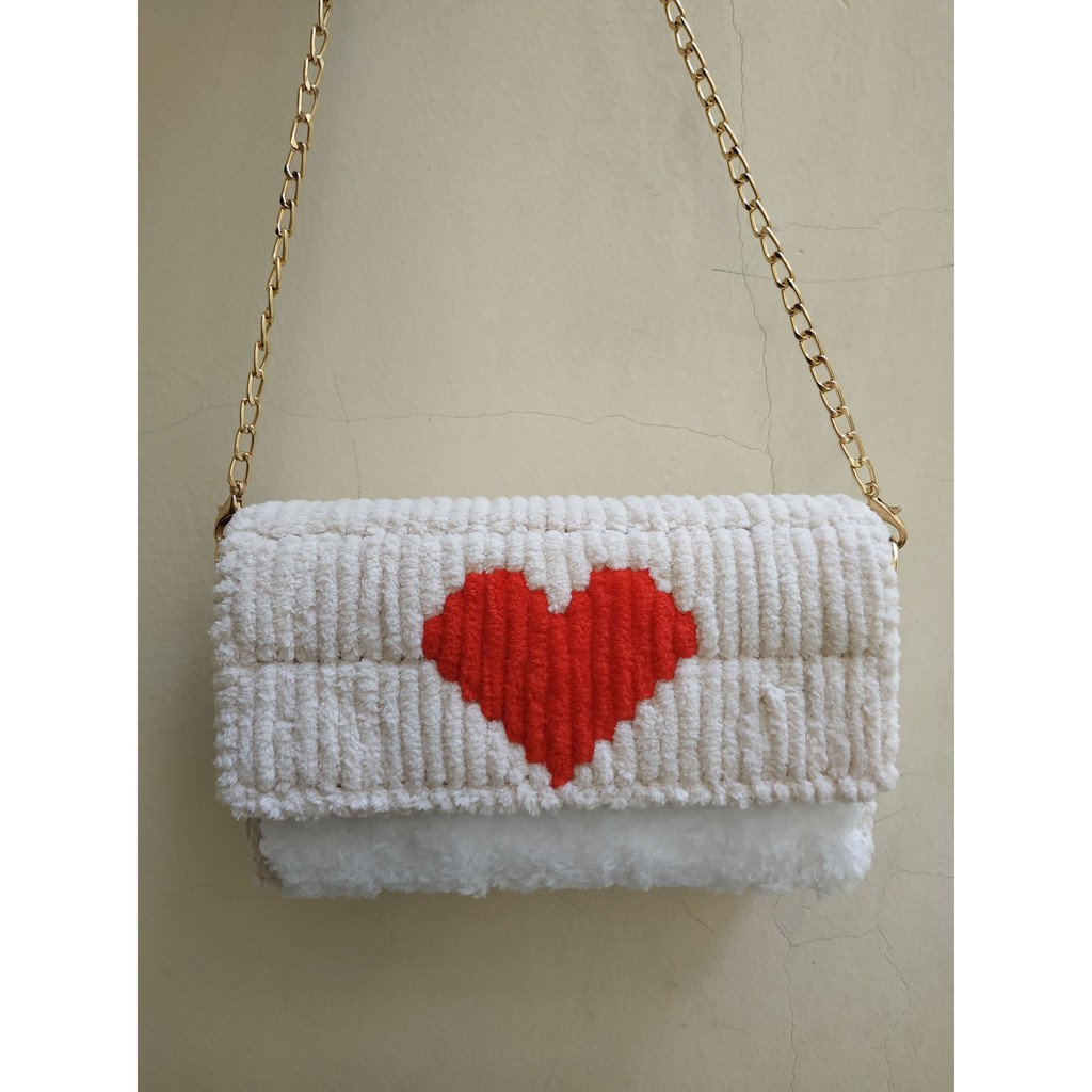 Túi handmade, Túi tự đan len tim Đỏ phối màu có video hướng dẫn Kawaii_Handmade