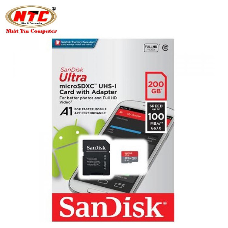 k89 Thẻ nhớ MicroSDXC SanDisk Ultra A1 200GB Class 10 U1 100MB/s kèm adapter - Model 2018 (Xám đỏ) 1