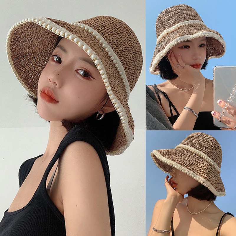 Han Chic Mũ Rơm Chống Nắng Đính Hạt Ngọc Trai Gấp Gọn Được Cho Đi Du Lịch Bãi Biển Giảm Tia UV Harm
