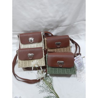 Túi hộp cói hình chữ nhật nắp da vintage, boho