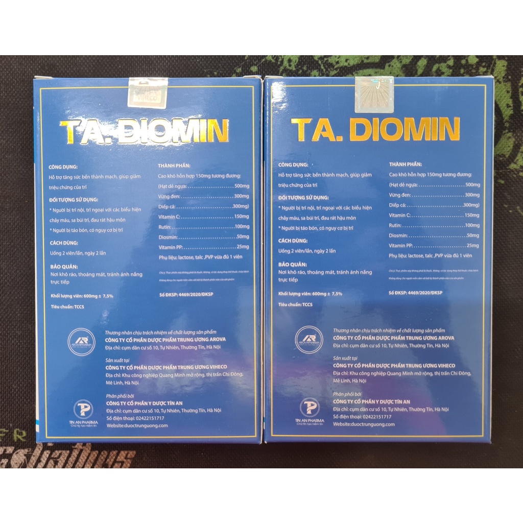 TA.Diomin (Hộp 30 viên) - Hỗ trợ tăng sức bền thành mạch, giúp giảm các triệu chứng của trĩ, táo bón