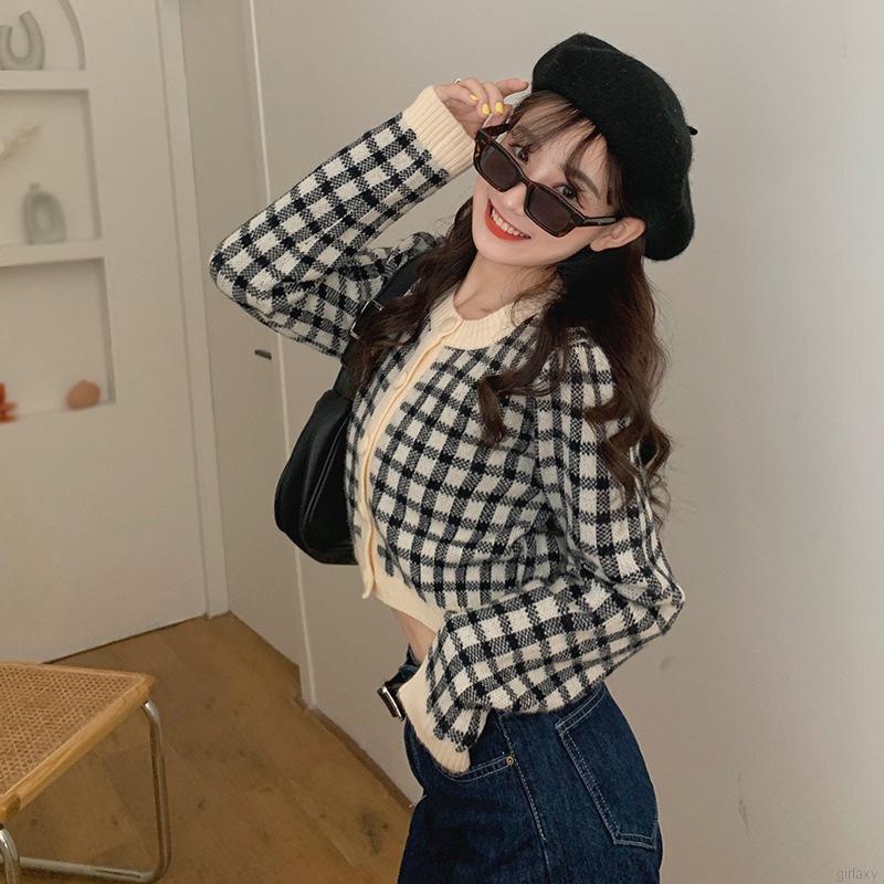 Áo khoác len cardigan tay dài cổ tròn họa tiết sọc caro phong cách Hàn Quốc cho nữ