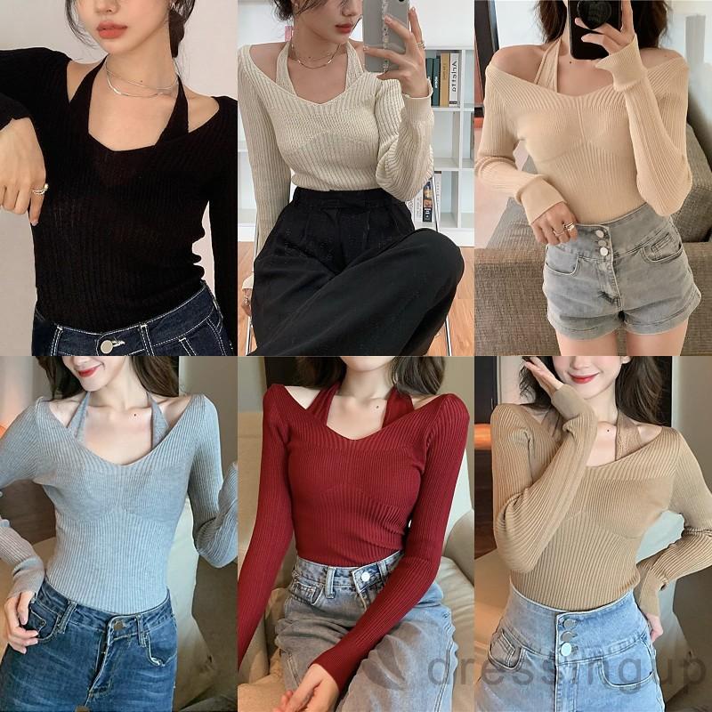 Áo dệt kim tay dài cổ chữ V màu trơn thời trang cho nữ