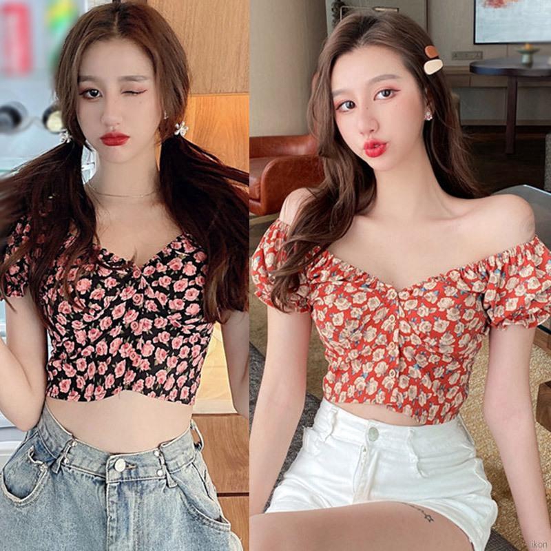 sơmi nữ Áo sơ mi Women's Fashion Small Floral Print V-Neck Sexy Crop tops Sweet Short Sleeve Chiffon Shirt Blouse Tops Tee