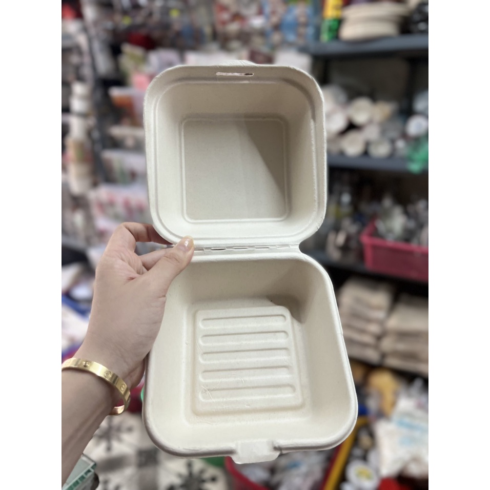 50 cái hộp bã mía hình vuông màu nâu hoặc trắng dùng đựng bánh đồ ăn các loại