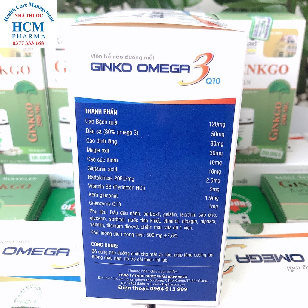 Bổ não ginkgo biloba chính hãng GINKO BILOBA OMEGA3 Q10 100 viên giúp sáng mắt tuần hoàn máu não tăng cường trí nhớ BPC3