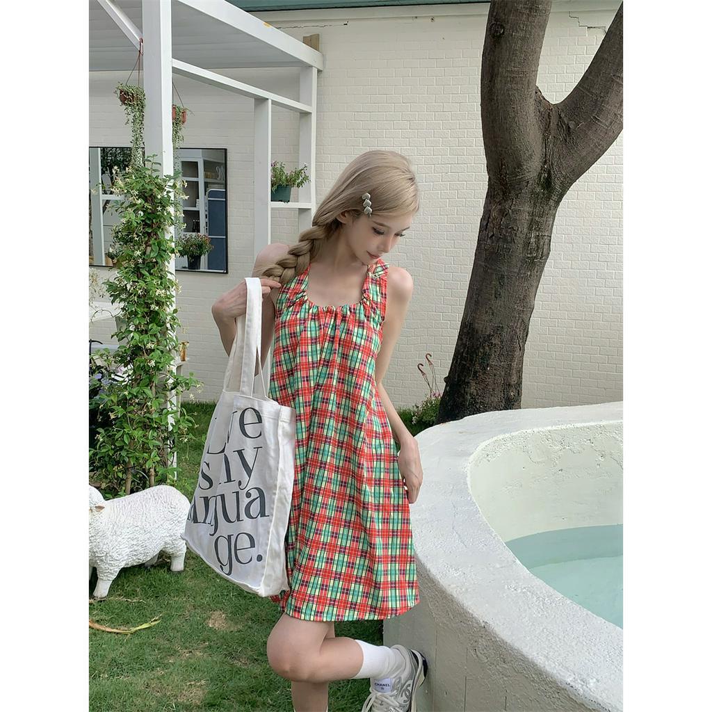 Đầm SáT NáCh Hở Lưng SọC Caro Phong CáCh Vintage