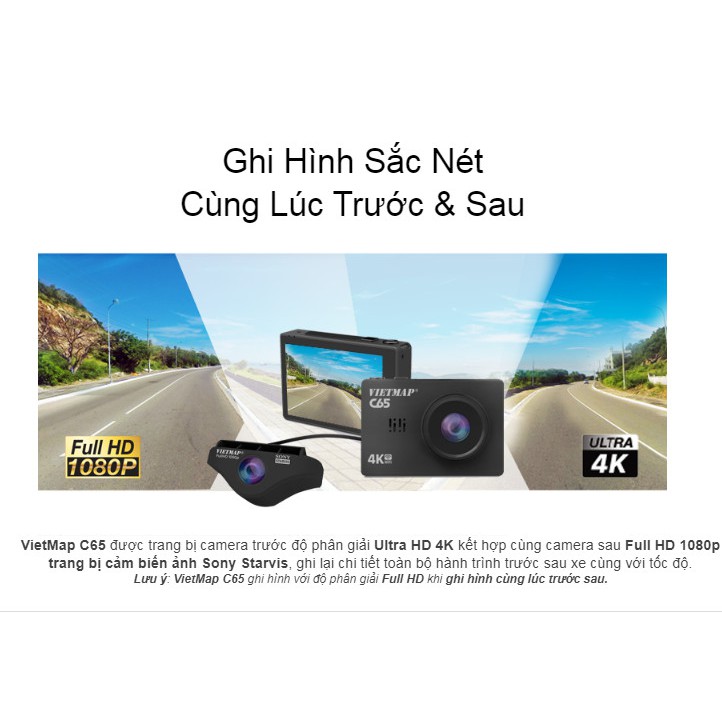 (BH điện tử 12 tháng) Camera hành trình Vietmap C65 ghi hình trước-sau siêu nét 4K, thẻ nhớ 64Gb