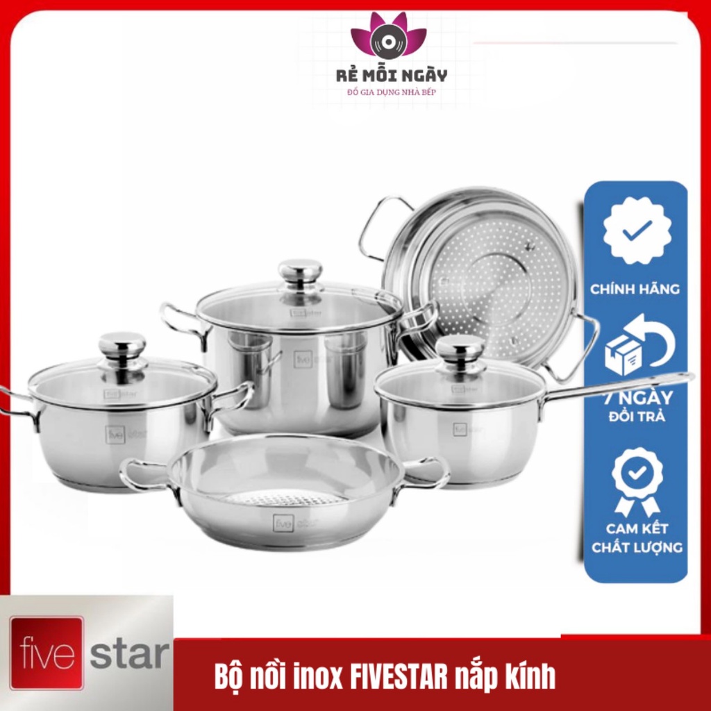 Bộ 5 Nồi Inox 3 Đáy Fivestar Nắp Kính 18/24/24/24/20 cmChính Hãng BẢO HÀNH 5 NĂM nầu được bếp từ