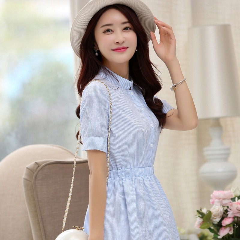 Đầm sơ mi sọc tay ngắn phối nút thời trang cho nữ | BigBuy360 - bigbuy360.vn
