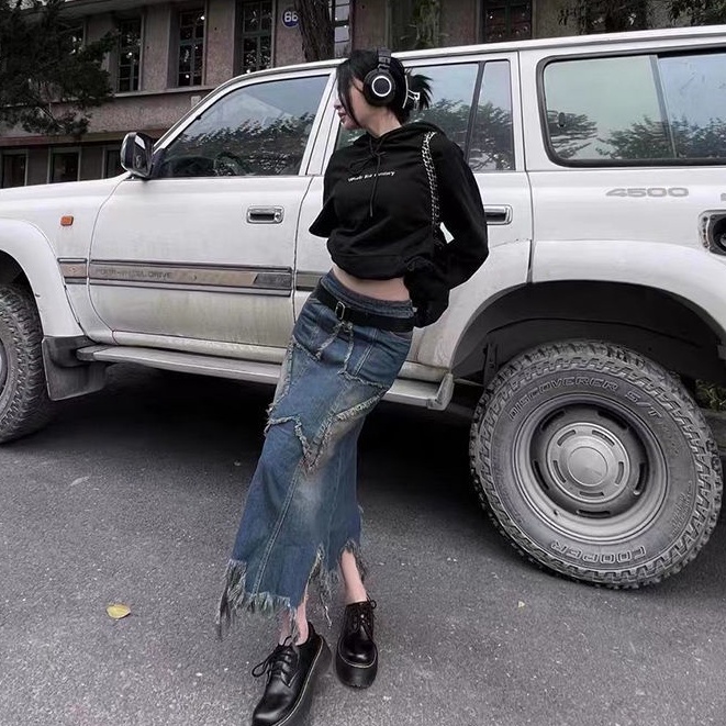 Chân Váy Jean Rách Ba Chiều Xuân Hè Phong Cách Retro Mỹ y2k Millennium y2k