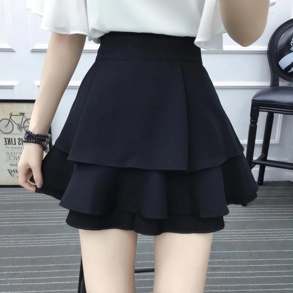 Chân váy 2 tầng ngắn đen có quần lót trong chống lộ dáng xòe ôm cạp chun lưng thun vải co giãn công sở VAVASA CV19 | BigBuy360 - bigbuy360.vn