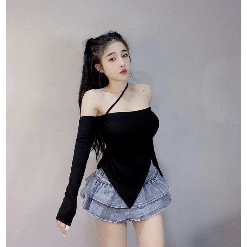 áo kiểu trễ vai tay dài nữ thun gân xịn màu trắng đen san chảnh-A42