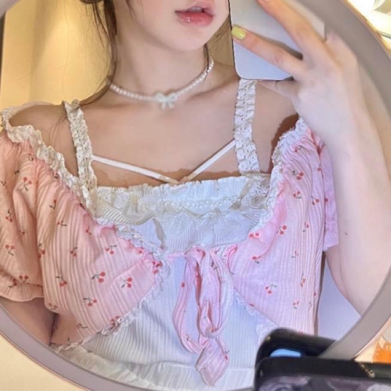 Set áo hai dây nữ trơn ren kèm áo khoác cardigan tay ngắn buộc ngực croptop hoa nhí - Order taobao quảng châu