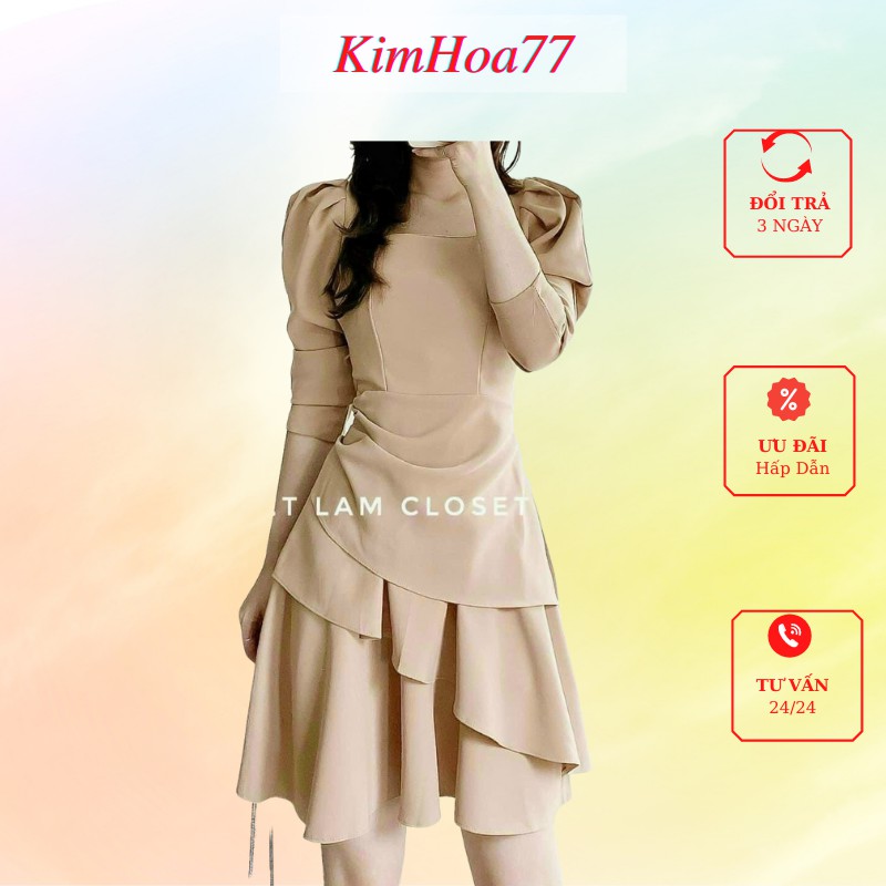 Váy xòe đầm nữ dự tiệc freesize chất umi cổ vuông tay lửng màu nude kimhoa77