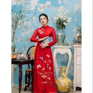 Áo dài gấm tơ 2tà màu trắng, đỏ, hồng