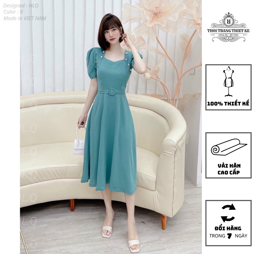 Váy trơn cổ vuông có đai công sở , đầm dự tiệc thời trang thiết kế cao cấp Q023