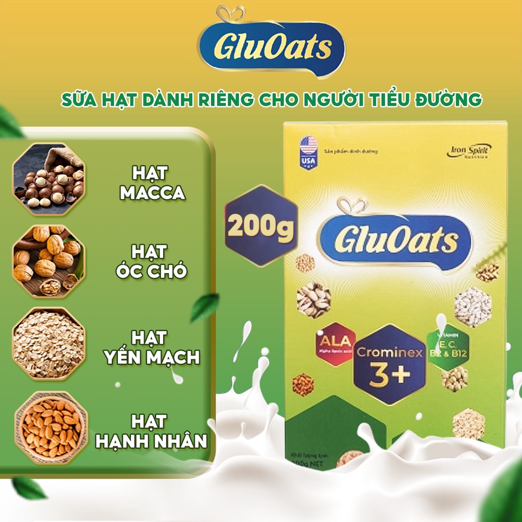 GluOats Sữa Hạt Cho Người Tiểu Đường, Hộp Giấy 10 Gói, 200g, Sữa Hạt Dành Riêng Cho Người Tiểu Đường Việt Nam