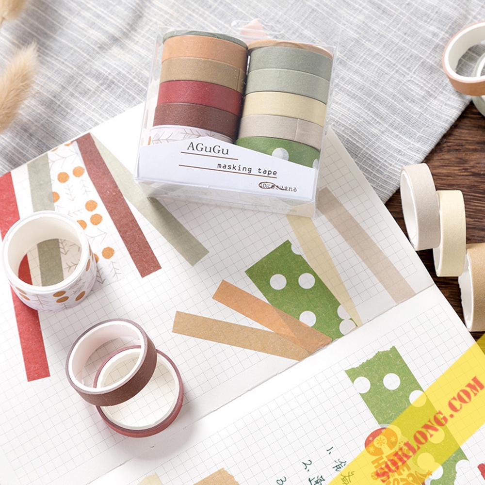 Bộ 10 washi tape trơn màu Pastel/ Vintage WA09 cổ điển tùy chọn bắng dính trang trí bullet journal nhiều họa tiết