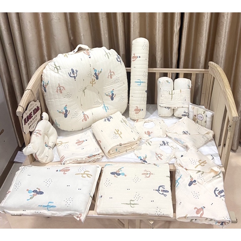 Set chăn gối sơ sinh hoạ tiết xương rồng, vải xô Muslin cao cấp thương hiệu IUME Kids