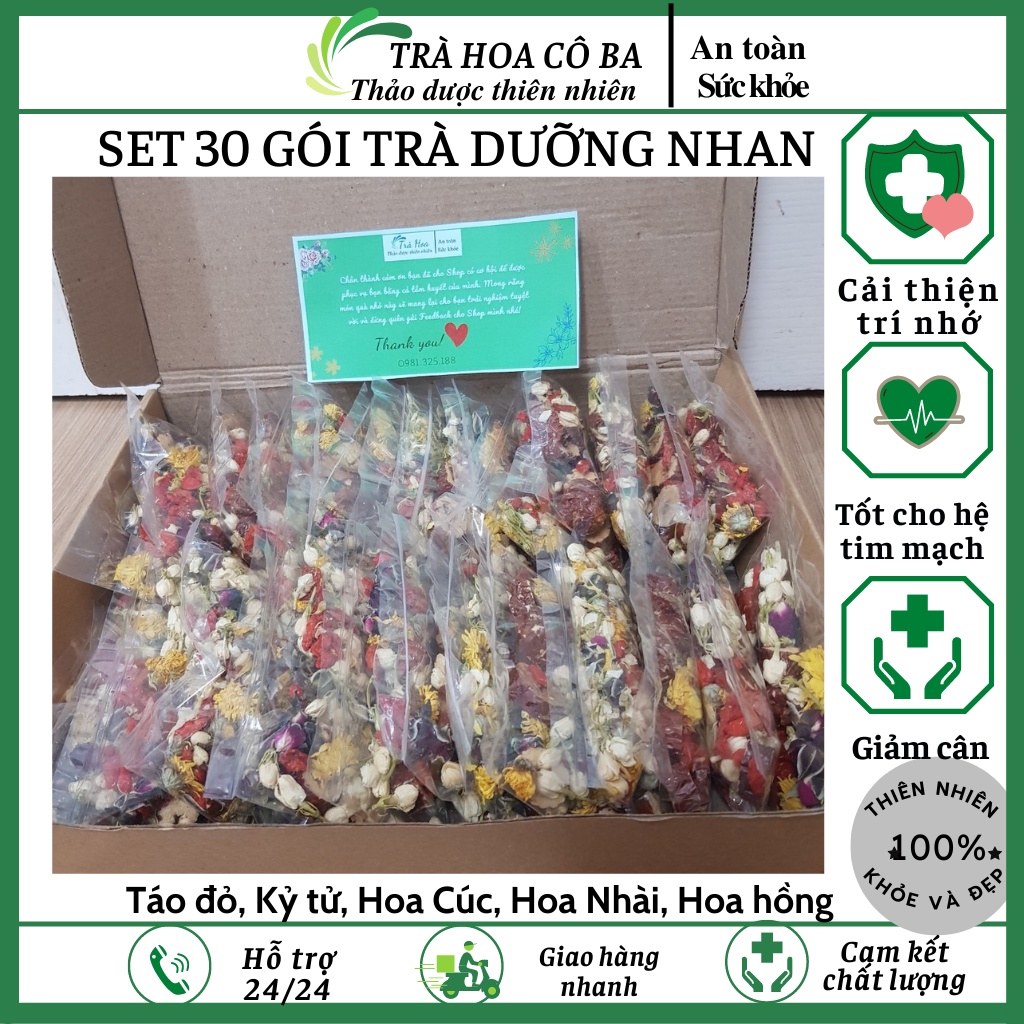 Trà dưỡng nhan, trà thảo mộc, dưỡng nhan, giảm cân set 30 gói Trà Hoa Cô Ba