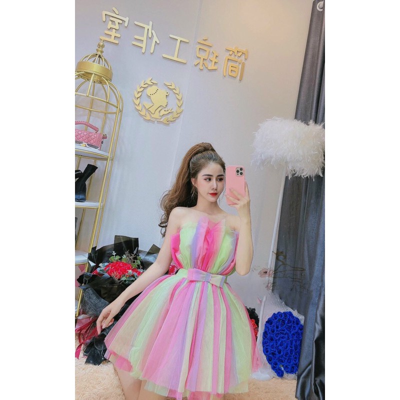 đầm cúp phối màu eo nơ