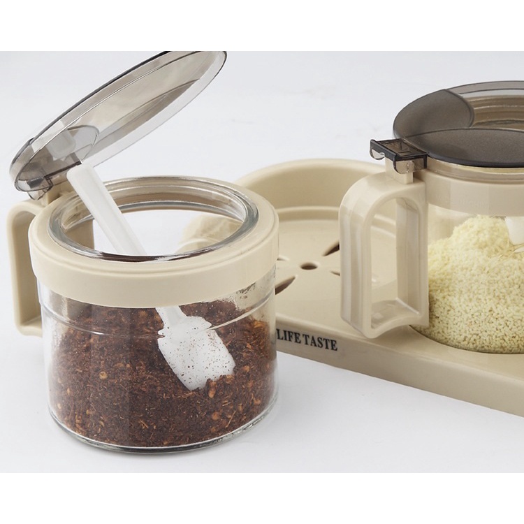 Combo 3 hũ đựng gia vị có nắp đậy và kệ đựng đi kèm - Tặng kèm thìa