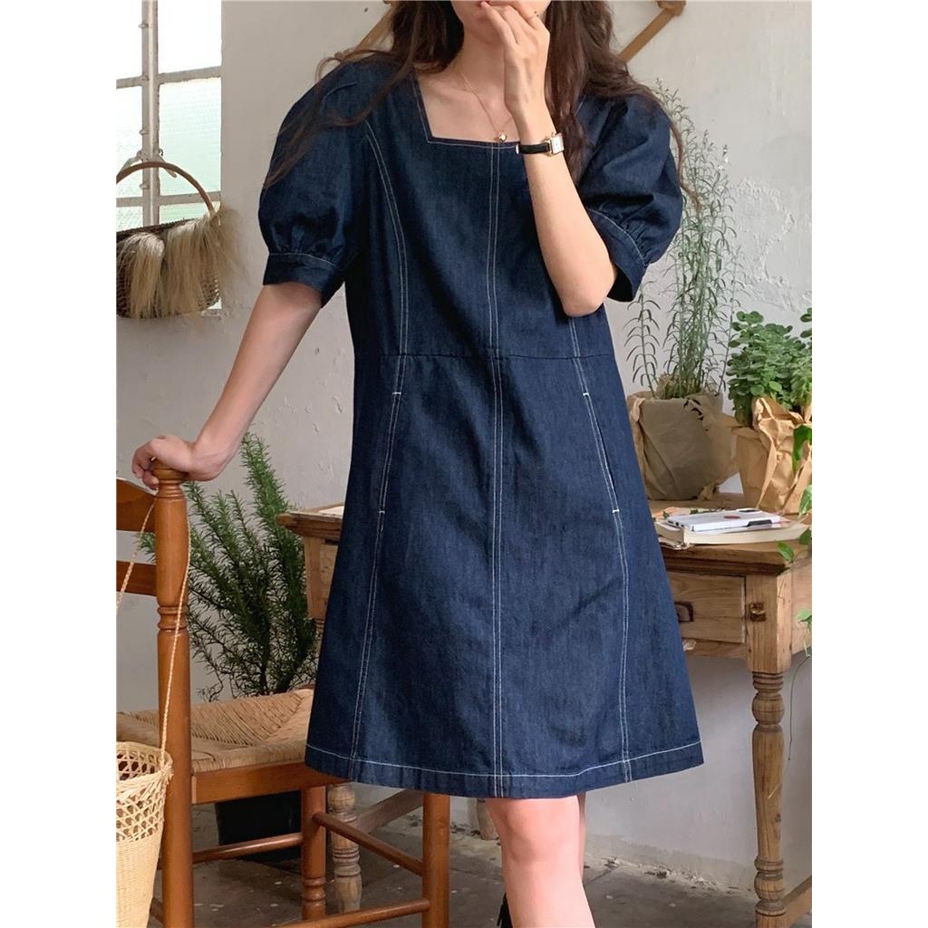 Đầm Denim Chữ A Cổ Vuông Ngắn Tay Dáng Rộng Thời Trang Hàn Quốc 53100