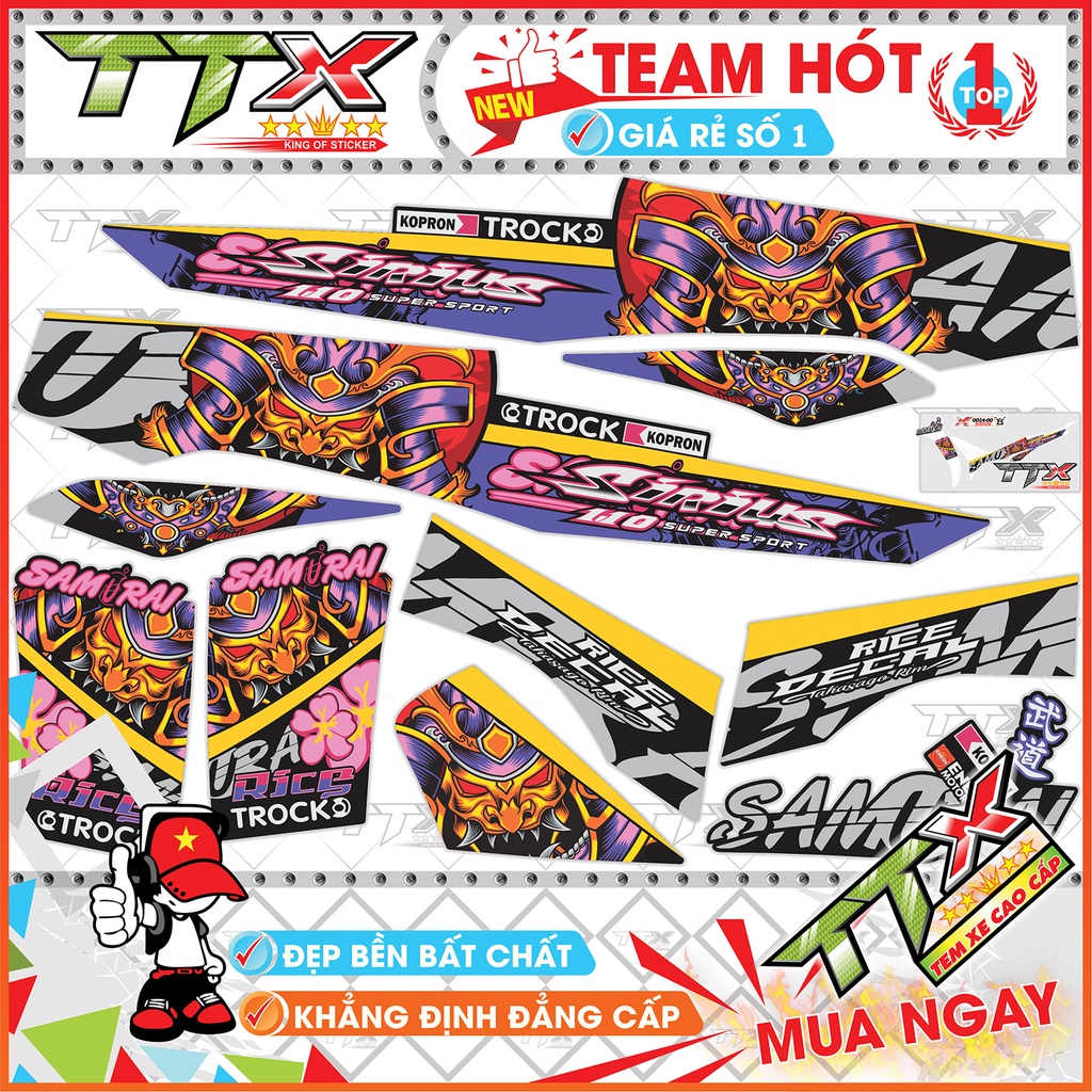 Tem rời sirius samurai , Team chế sirius dán xe màu tím nền đen chữ hồng siêu đẹp , Shop TTX Tem xe sirius mã