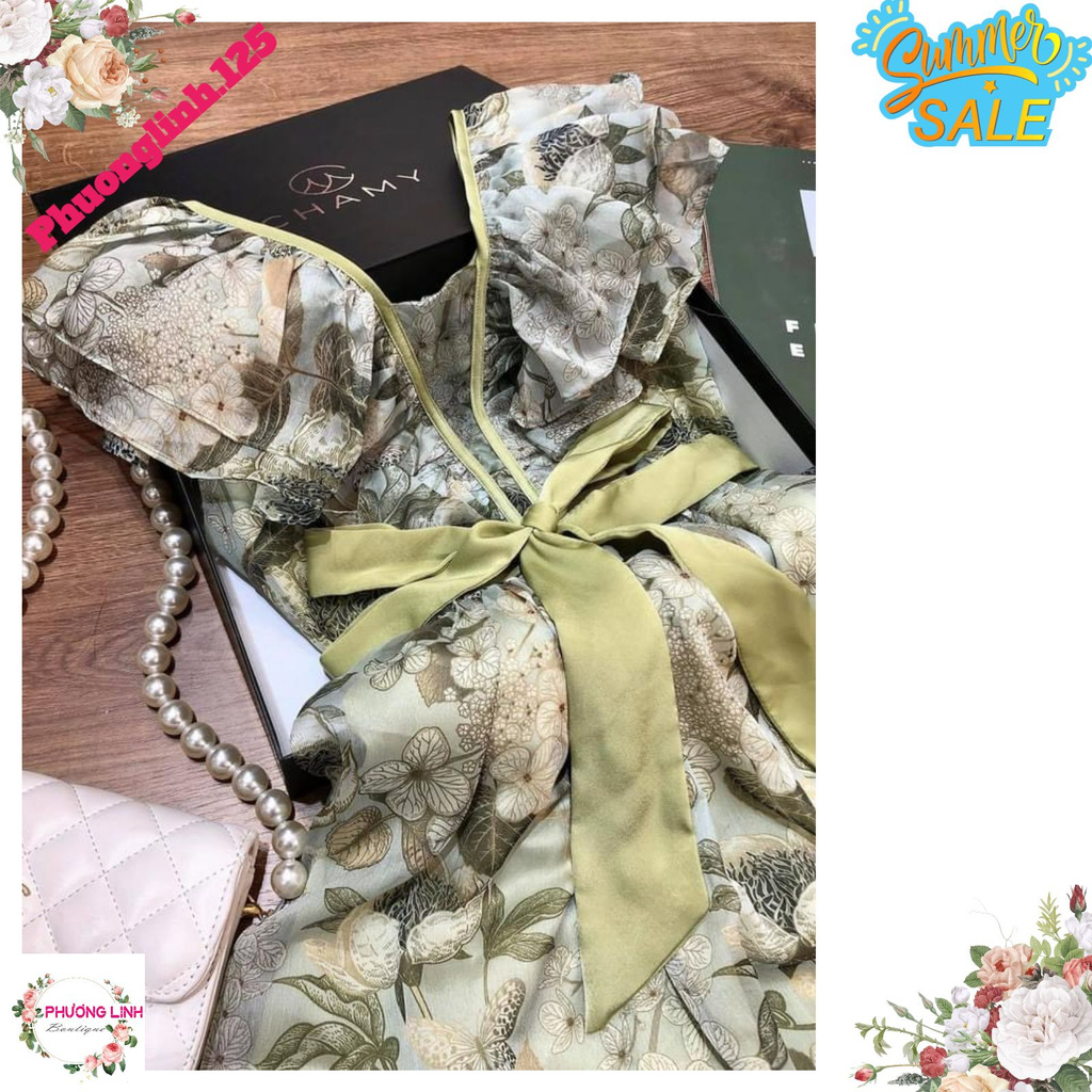 VÁY HOA LÁ NƠ LỤA CỔ BÈO KÈM ĐAI | BigBuy360 - bigbuy360.vn