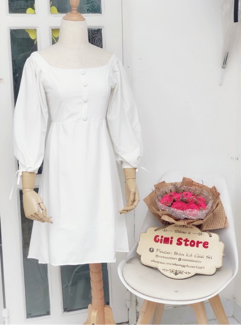 Đầm Trắng Cổ Vuông Tay Bồng Nút Bọc