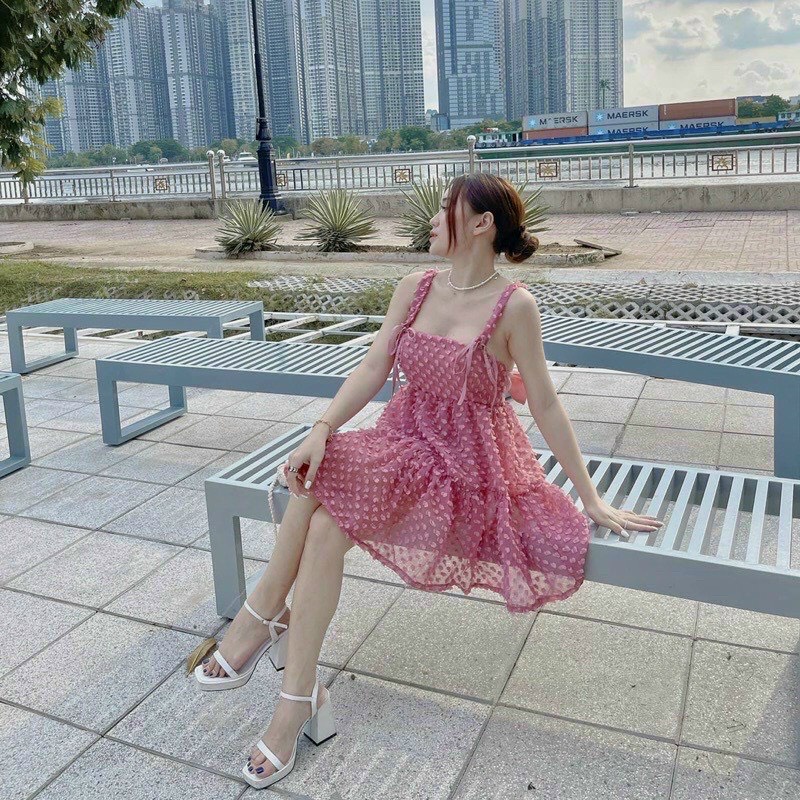 Đầm xòe hai dây nơ lưng có mút xinh xắn