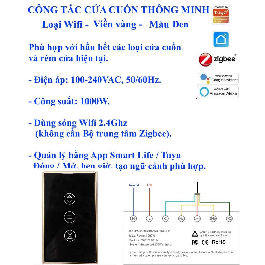 Công tắc cửa cuốn thông minh Hệ Tuya, kết nối Wifi/ Zigbee, App Smart Life/ Tuya -