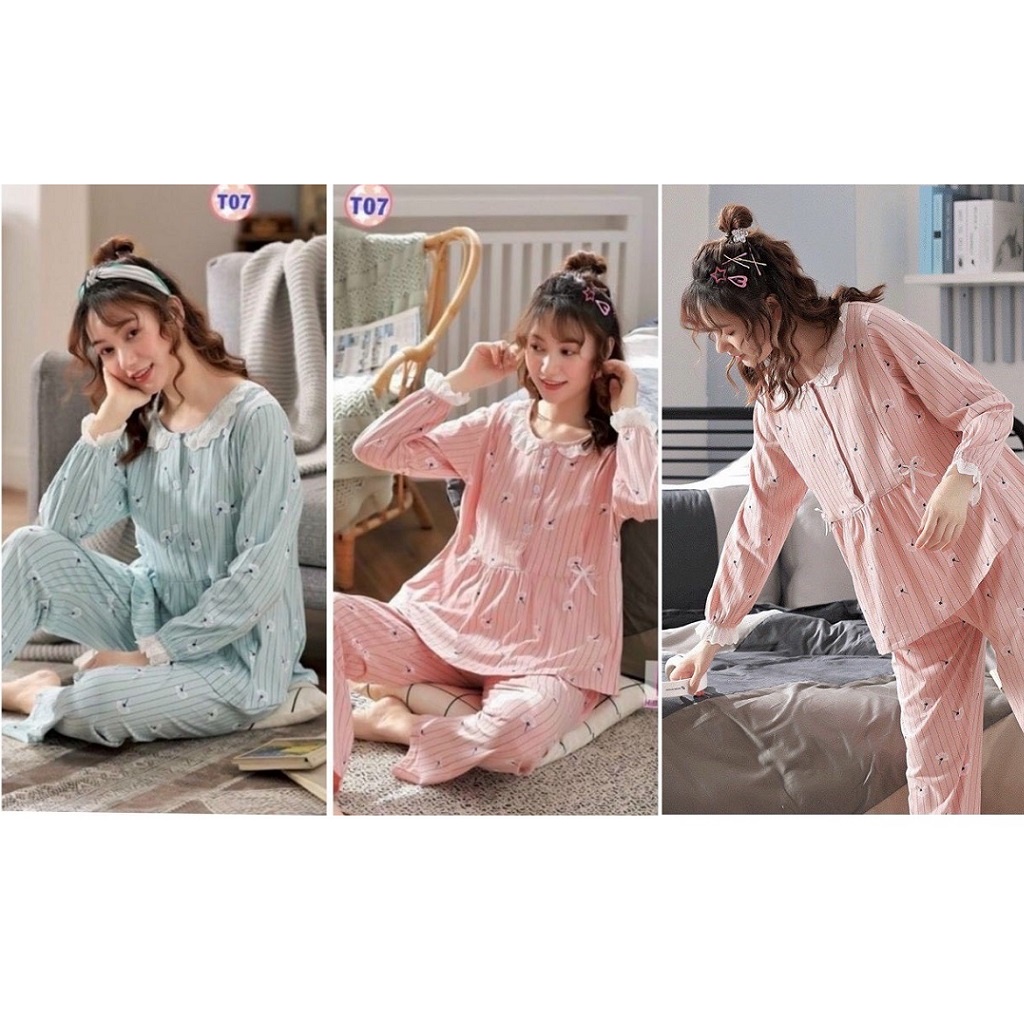 Bộ bầu và sau sinh dài tay, cổ ren bèo chất cotton đẹp mềm, kiểu dáng kẻ sọc cực xinh và trẻ trung