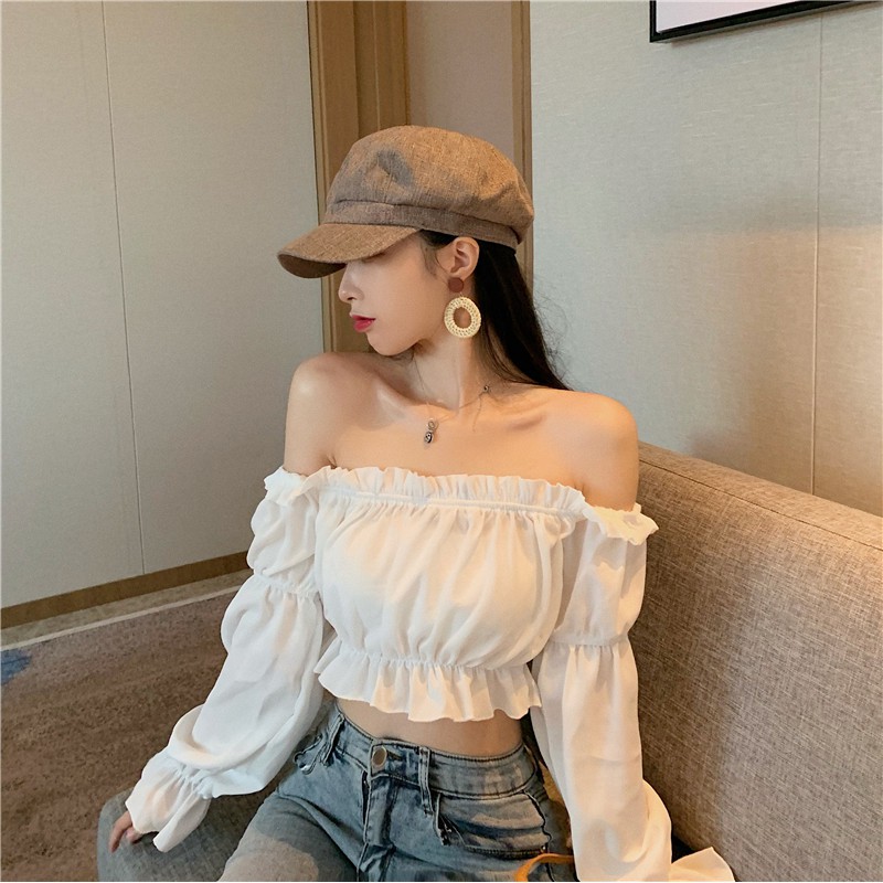 Áo trễ vai croptop nữ chun bồng tay dài F15