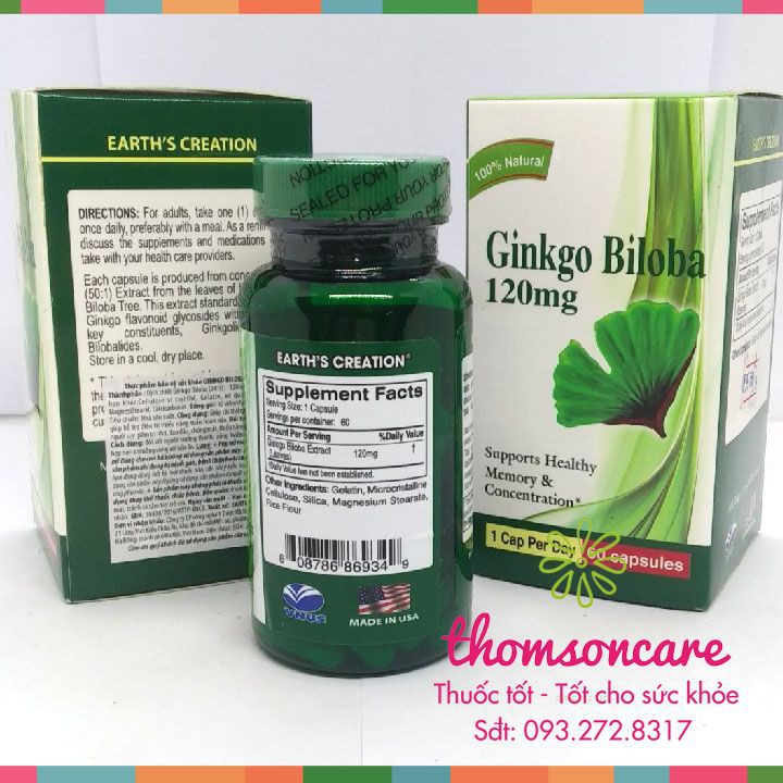 Bổ não Ginkgo Biloba 120mg Nhập khẩu từ Mỹ- tăng tuần hoàn não, hoạt huyết từ cao bạch quả  Earth Creation