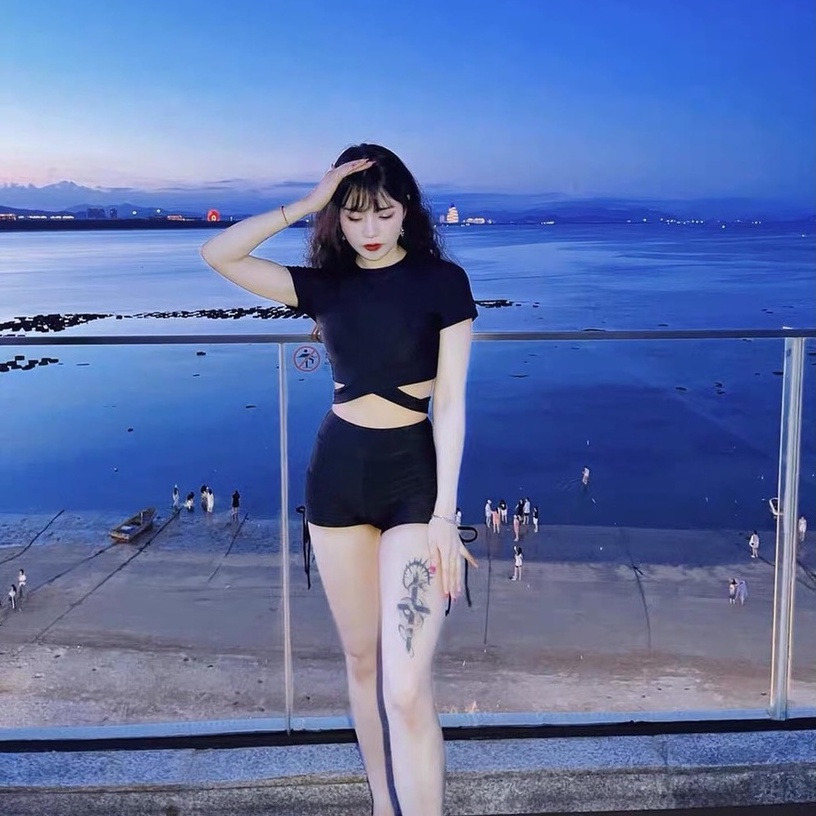 [ĐỒ BƠI 2 MẢNH] Bikini nữ 2 mảnh áo tay ngắn cột nơ bụng mix quần short dây rút kín đáo (kèm hình chụp thật)