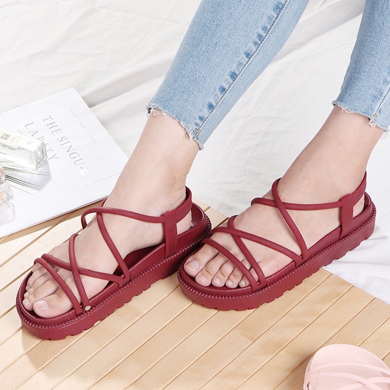 Sandal nữ đi biển quai đan chéo 3 màu Đen -Kem - Đỏ