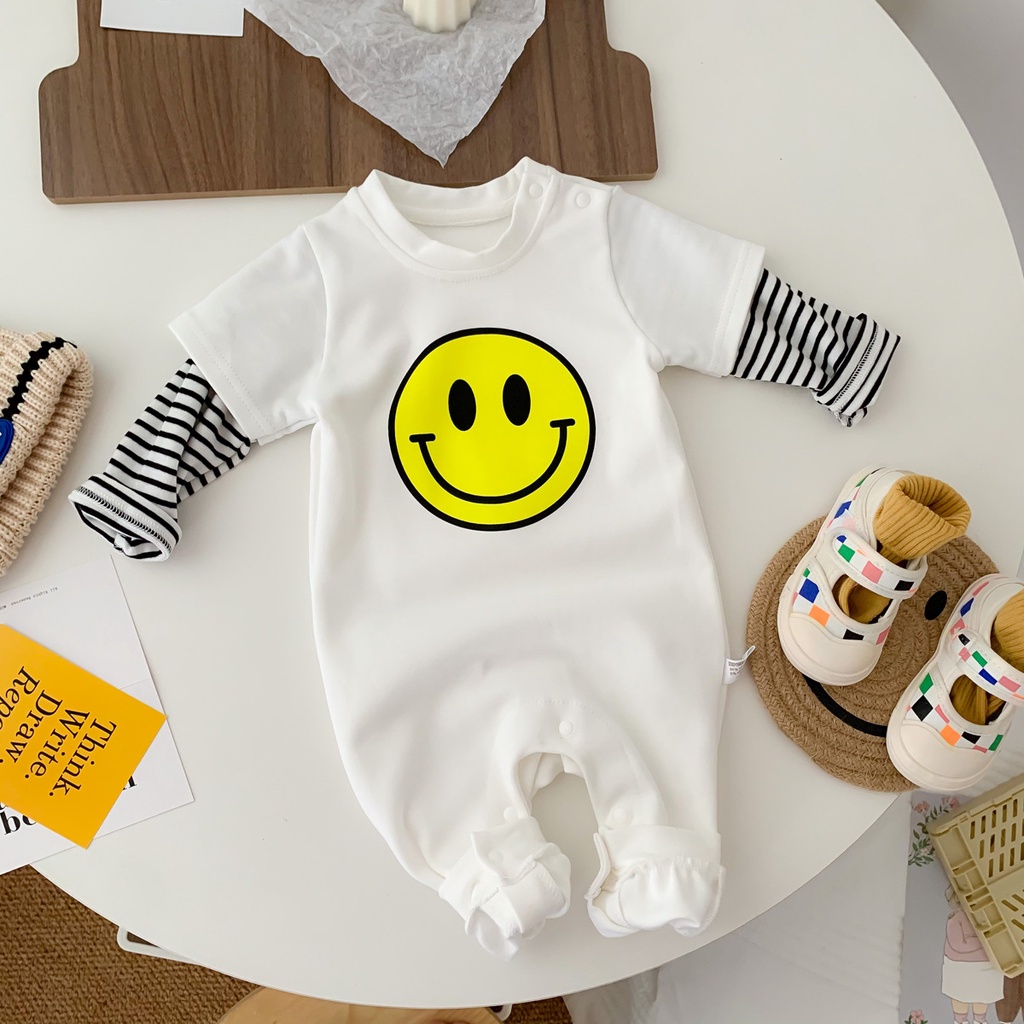 Áo liền quần tay dài in hình mặt cười đáng yêu cho bé sơ sinh