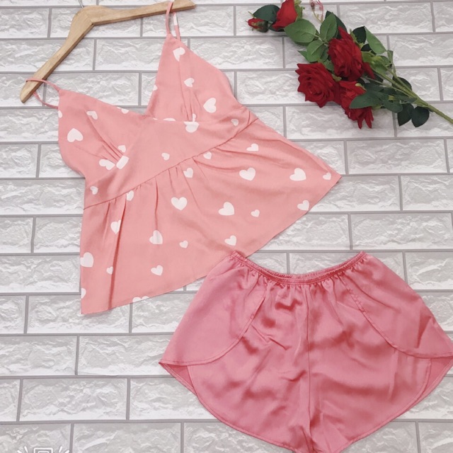 [Clip Mặc Thật] Bộ Ngủ 2 Dây Lụa Phối Satin