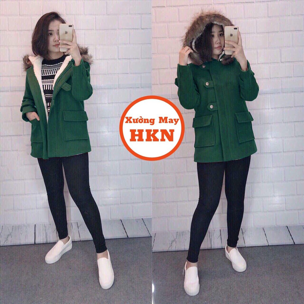 Áo Khoác Dạ Nữ Loại 1 Màu Xanh Có Mũ Lông Mặc Trẻ Trung Cá Tính Mã 774 Xưởng May HKN