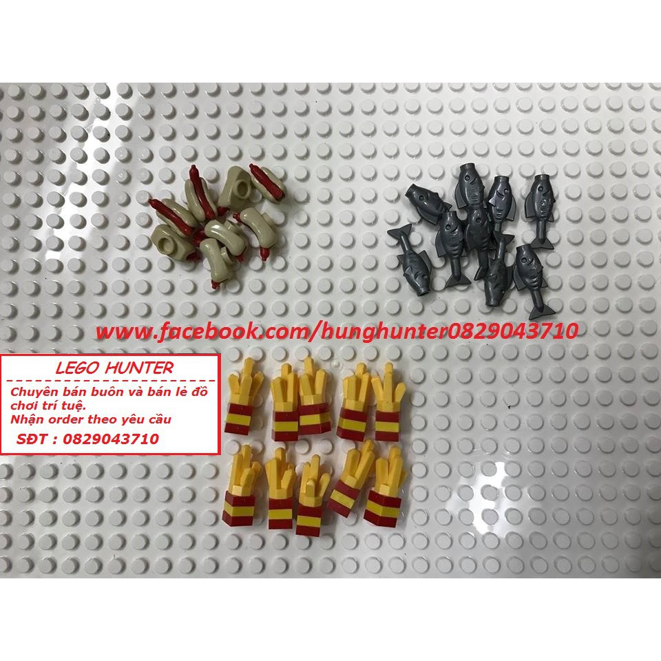 Lego Phụ kiện Minifigures đồ ăn : Hot dog , gói khoai tây chiên , cá