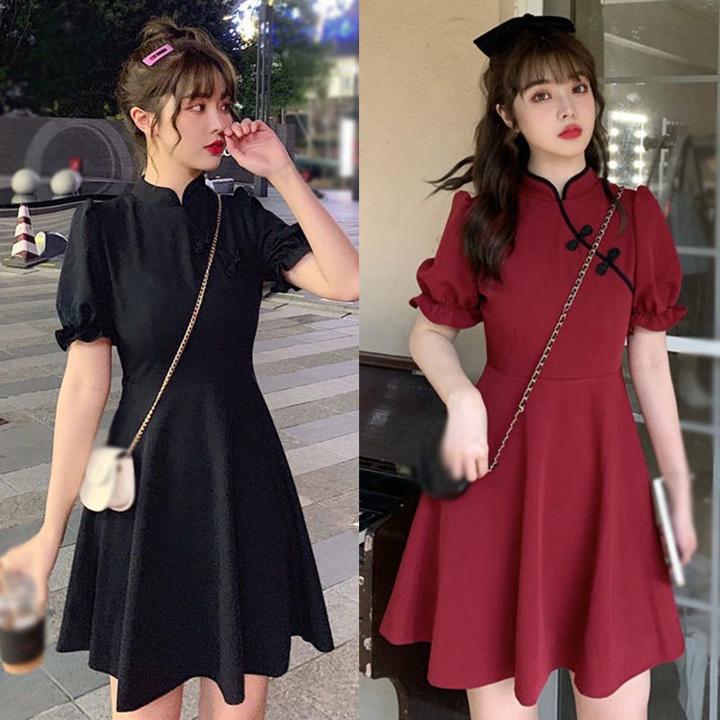 Đầm Sườn Xám Tay Ngắn Màu Sắc Trơn Thời Trang Xinh Xắn Cho Nữ