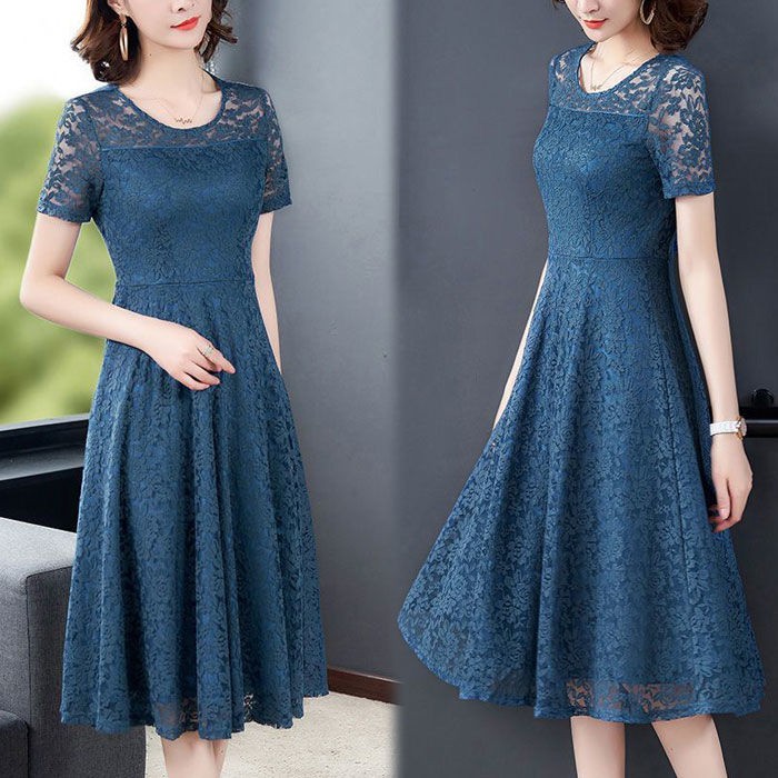 chân váy dài◊﹉☑Đầm ren ngắn tay cao cấp plus size mới mùa hè nữ tính khí che bụng mẹ trung niên Chân váy tây d