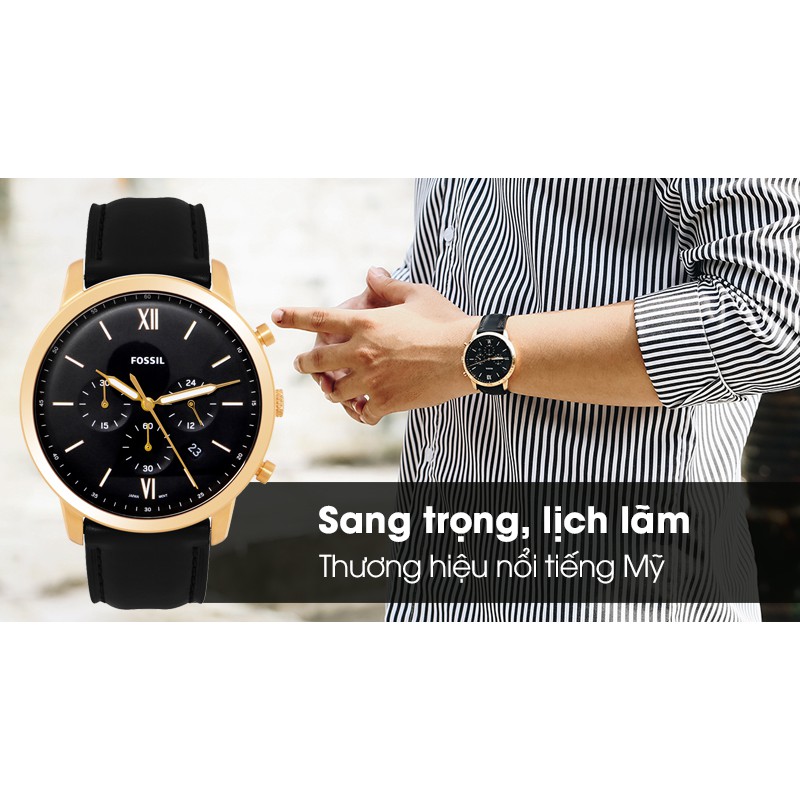 Đồng Hồ Nam Fossil Neutra Chronograph FS5381 , Dây Da Màu Đen Viền Vàng Hồng , Size 44mm , Fullbox Hãng