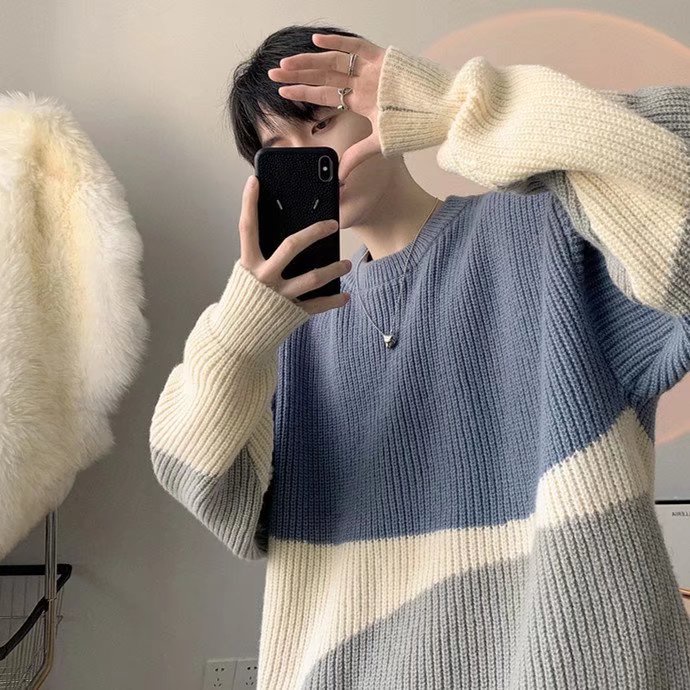Áo Sweater Dệt Kim Dày Dặn Dáng Rộng Cổ Tròn Màu Tương Phản Thời Trang Thu Đông Cho Nam