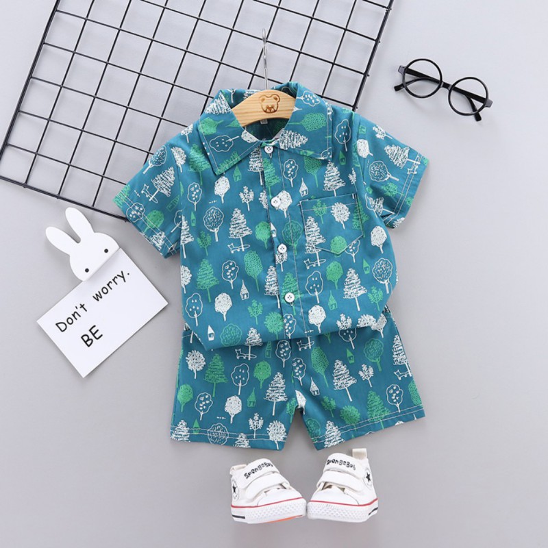 Set Áo Thun Ngắn Tay Cổ Tròn + Quần Short Lưng Thun Thời Trang Cho Bé Trai